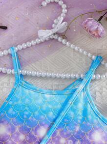 Top de camisola con estampado digital degradado de escamas de sirena para niña, vestido midi con dobladillo de tul de red con luna y estrella, conjunto elegante y lindo que incluye bolso bandolera, apropiado para salidas, fiestas, vacaciones, verano - Morado - Ver 3