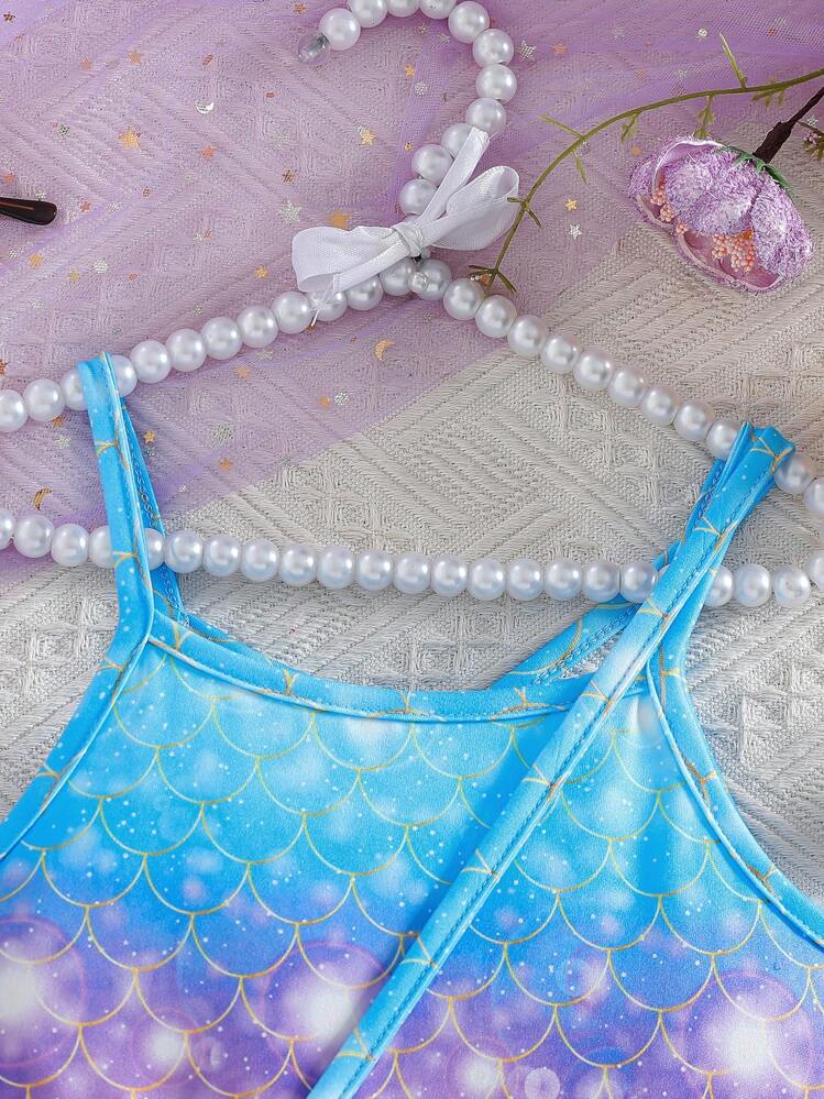 Top Camisole Estampa Digital Ômbre Escama de Sereia Menina Jovem com Bainha de Tule Renda de Lua e Estrela, Vestido Midi Fashionista e Fofo, com Bolsa Transversal, Adequado para Passeios, Festas, Férias, Verão - Roxo - Visão 3