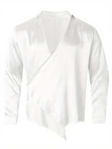 Men's Satin Wedding Long Sleeve Shirts Collared V Neck Drape Ruched One Button Down Silk Shirt Club Party Dress Shirts - White - View 5
