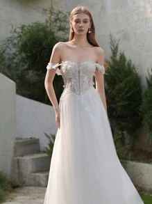 Elasola 优雅刺绣串珠3D花卉蕾丝落肩性感开衩户外新娘婚纱，优雅舞会礼服