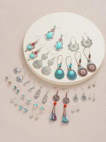 24 pièces/6 pièces Set de boucles d'oreilles résine à pompons bohèmes vintage, boucles d'oreilles à tige et pendantes en forme de cœur, lune, fleur. Convient pour les voyages, les tenues casual quotidiennes