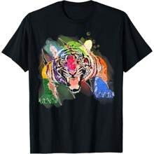 Cartoon Print Crew Neck Casual Short Sleeve T-Shirt, Tiger Head Face Colorful Art Wild Zoo Animal T-Shirt Women Tops