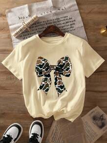 Camouflage Flirty Bow Graphic Print T-Shirt, Short Sleeve Crew Neck Casual Top For Summer & Spring, Women's Clothing - Màu be - Xem 1
