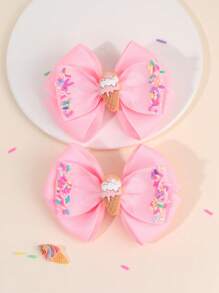 2pcs Toddlers Girls Hair Bow Clips ,Cute Ice-Cream Accessories ,Colorful Needles Decor Hair Pins ,Satin Ribbon Hair Clips ,Kids Teens Hair Accessories ,Gifts For Girls ,Suitable Daily Life