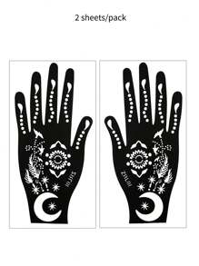 2 fogli di stencil all'henné, con disegni di luna, stelle e motivi a pois, stencil per tatuaggi temporanei per mani e piedi, modelli di mehndi con motivi traforati per il body painting delle donne, adatti per matrimoni e festival - Multicolore - Visualizzare 12