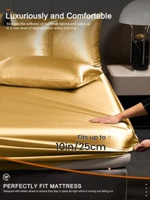 1 pieza Sábana ajustada de satén, ropa de cama, sábana ajustada, cubrecama, funda de colchón de seda, ropa de cama suave y cómoda para el dormitorio, se ajusta a camas Queen, King, Twin, Full, bolsillo profundo de 9 pulgadas, transpirable y sedoso - Dorado - Ver 4