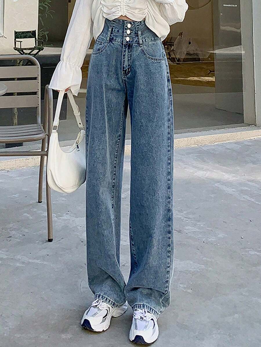 女士前扣口袋街头风格纯色高腰阔腿牛仔裤 - 中等水洗藍 - 查看 1