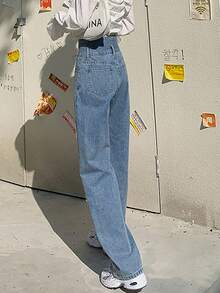 女士前扣口袋街头风格纯色高腰阔腿牛仔裤 - 中等水洗藍 - 查看 4