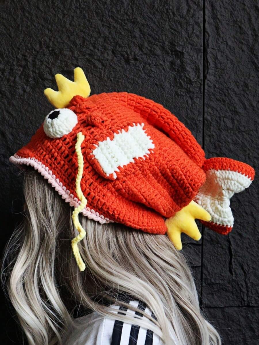 1pc Women's Handmade Crochet Cute Clownfish Beanie Hat, Warm Knitted Cartoon Small Goldfish Cap For Autumn/Winter - Orange - View 1