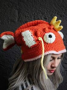 1pc Women's Handmade Crochet Cute Clownfish Beanie Hat, Warm Knitted Cartoon Small Goldfish Cap For Autumn/Winter - Orange - View 4
