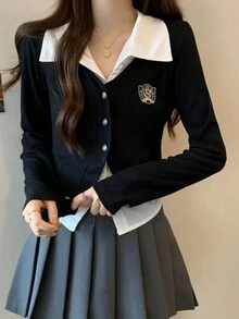 二合一 Polo 领衬衫，学院风，秋季 - 黑色 - 查看 4