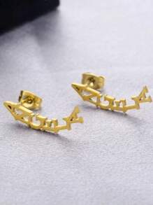 Aretes con nombre personalizado para mujeres, joyas de acero inoxidable con inicial y placa de nombre, aretes de clavos para uso diario como regalo - Dorado - Ver 4