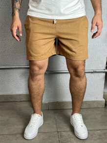 Men's Linen Bermuda Shorts With Drawstring - 巧克力棕 - 查看 2
