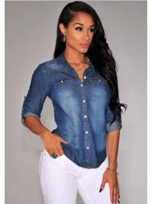 Women Retro Blue Denim Shirts Adjustable Long Sleeve Stand-Up Collar Single-Breasted Blouse Autumn Spring Fashion Slim Tops - 海藍色 - 查看 1