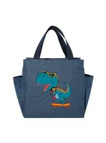 卡通恐龙印花保温午餐袋 - 双层设计，厚铝箔，拉链封口，帆布衬里，时尚野餐袋，完美的礼物选择