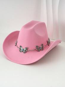1pc Silvery Metal Butterfly Felt Cowgirl Hat, Fashionable , Suitable For Western-Style Outfits And Occasions Like Western Themed Events, Music Festivals