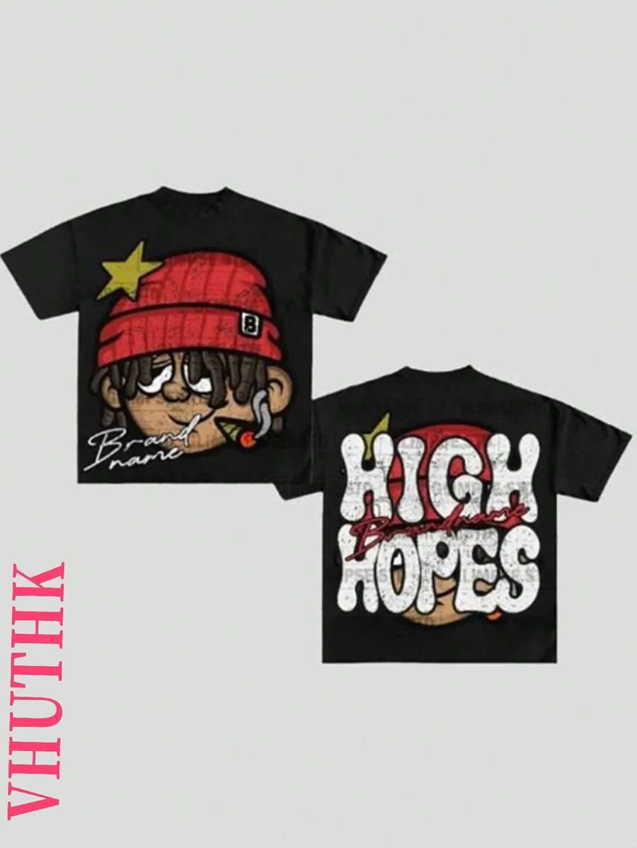 (Camiseta 100% algodón 220) Camiseta casual de hombre de cuello redondo y manga corta de puro algodón con estampado de gran cabeza estilo Y2K americano - Negro - Ver 1