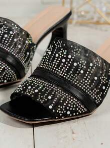 Women's Bling Sandals With Rhinestone Decor, High Heel Slides Suitable For Various Occasions And Outfits, Fashion Elegant Black Summer Heeled Sandals For Dating, Leisure, And Daily Wear - Black - View 6