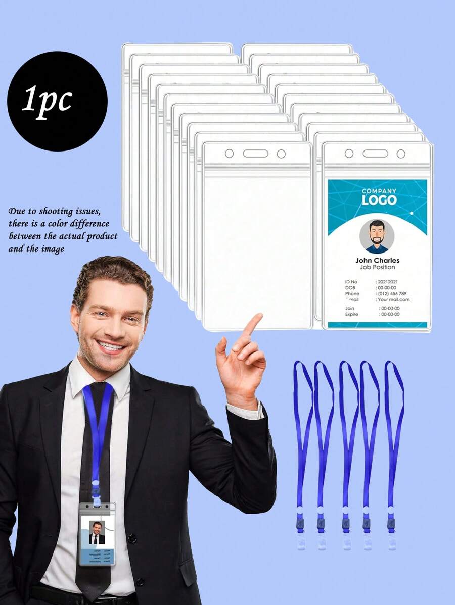 1/5/10/12pcs Clear Name Tags With Hanging Ropes, Plastic Vertical Name Badges, ID Card Clips, Blue Flat Hanging Ropes And Clips, Suitable For Office, Conference Business - Multicolor - View 1
