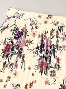 Women's Satin Floral Print Tie-Waist Pleated Elegant Skirt