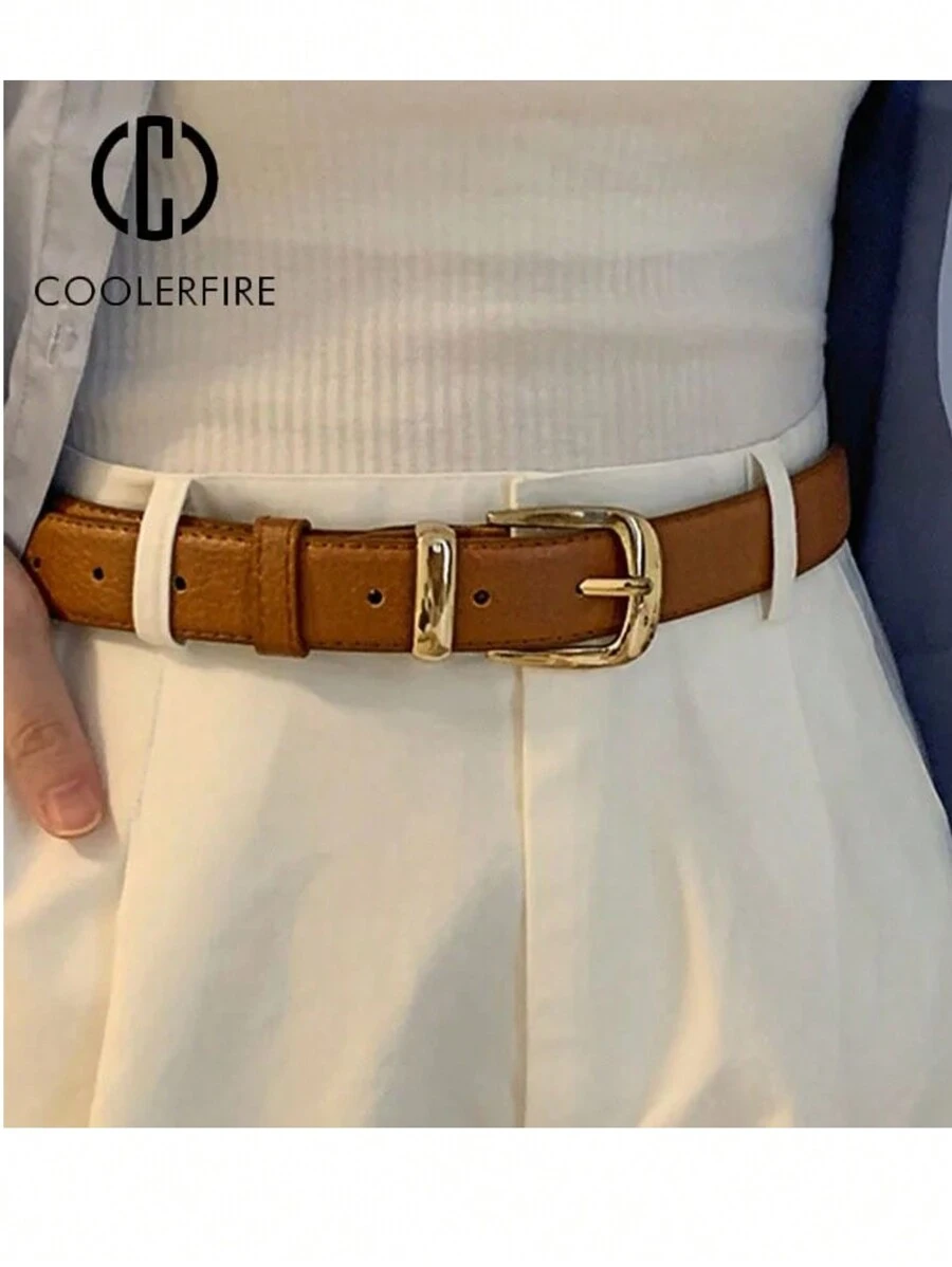 1 Piece 3cm Litchi Embossed Belt, Versatile Style, Metal Buckle For Everyday Use With Leather Lining - Camel - View 1