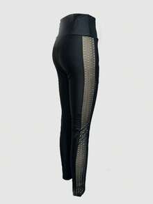 High Waisted Nylon Semi-Sheer Sequin Patchwork Leggings, Shinny Fabric With Stretch, Spring/Summer - Black - View 7