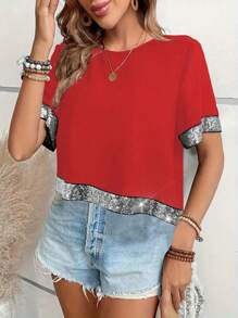 Women's Fashion Vibrant Color-Blocked Sequined Crew Neck Shirt Casual Short Sleeve Asymmetric Hem Top For Spring/Summer - Red - View 5