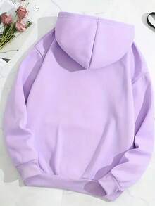 Capucha con estampado de letra con forro térmico con bolsillo de canguro con cordón - Morado - Ver 2