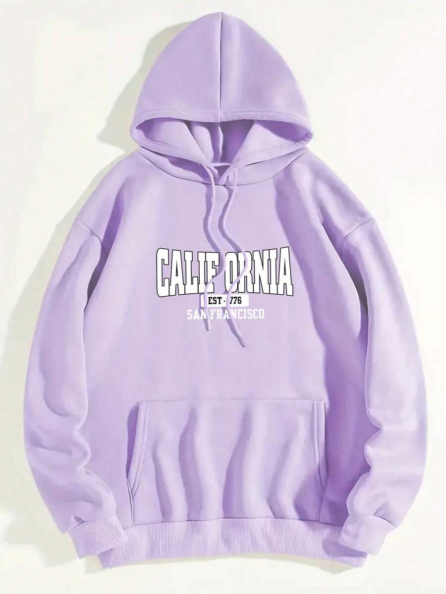 Capucha con estampado de letra con forro térmico con bolsillo de canguro con cordón - Morado - Ver 1