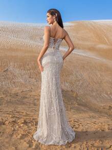 Faeriesty Haute Glamour 优雅细肩带串珠亮片鱼尾晚礼服，优雅正式礼服，适合春夏秋季 - 红毯、婚宴、庆典、正式晚会、名人派对 - 香檳色 - 查看 3