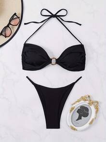 New 2pcs Women Bikini Set, Fashionable Shell Backless Solid Color Swimwear - Baby Blue - View 1