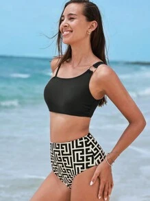 Women Black Asymmetrical Bikini Bra + High Waisted Bottom Set, For Summer Beach Vacation - Black - View 3