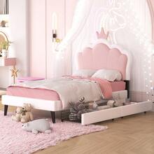 Twin Size Upholstered Princess Bed With Crown Headboard And 2 Drawers,Twin  Size Platform Bed With Headboard And Footboard, Pink+White - 粉色 - 查看 3