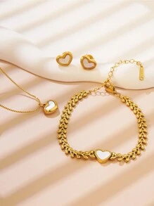 VceTd Bộ 4 chiếc/Bộ vòng cổ, vòng tay, hoa tai phong cách cổ điển thanh lịch với mặt dây chuyền bằng thép không gỉ hình trái tim vỏ sò màu trắng hoặc hình trái tim nữ hoàng bằng nhựa màu đỏ, thích hợp cho phụ nữ đeo khi dự tiệc, đám cưới hoặc làm quà tặng ngày lễ tình nhân - Vàng - Xem 16