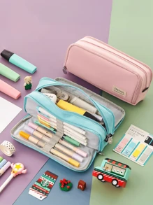 Large Capacity Fabric Pencil Case Layer/Double Sided Pen Bag Pencil Case/School/Office/College YD Stationery Back To School - 淺藍色 - 查看 6