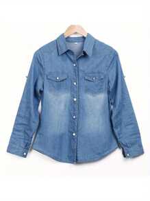 Women Retro Blue Denim Shirts Adjustable Long Sleeve Stand-Up Collar Single-Breasted Blouse Autumn Spring Fashion Slim Tops - Royal Blue - View 2