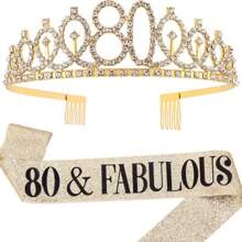 2 件/套黄金岁数 30 岁 40 岁 50 岁 60 岁 70 岁 80 岁 1 件水钻水晶皇冠 +1 件披肩头饰生日周年装饰生日快乐缎带派对用品发带发刷生日女王女士发刷发带，圣诞节