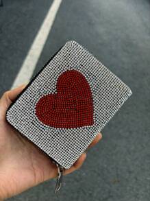 Large Heart Rhinestone PU Short Wallet Copper Zipper Card Holder Mini Pouch 2-In-1 Leather Clutch Purse Mini Wallet Birthday Valentine's Day Christmas Gift Wallet For Women Wallet Purse Wallet Fall Small Wallet Cute Wallet