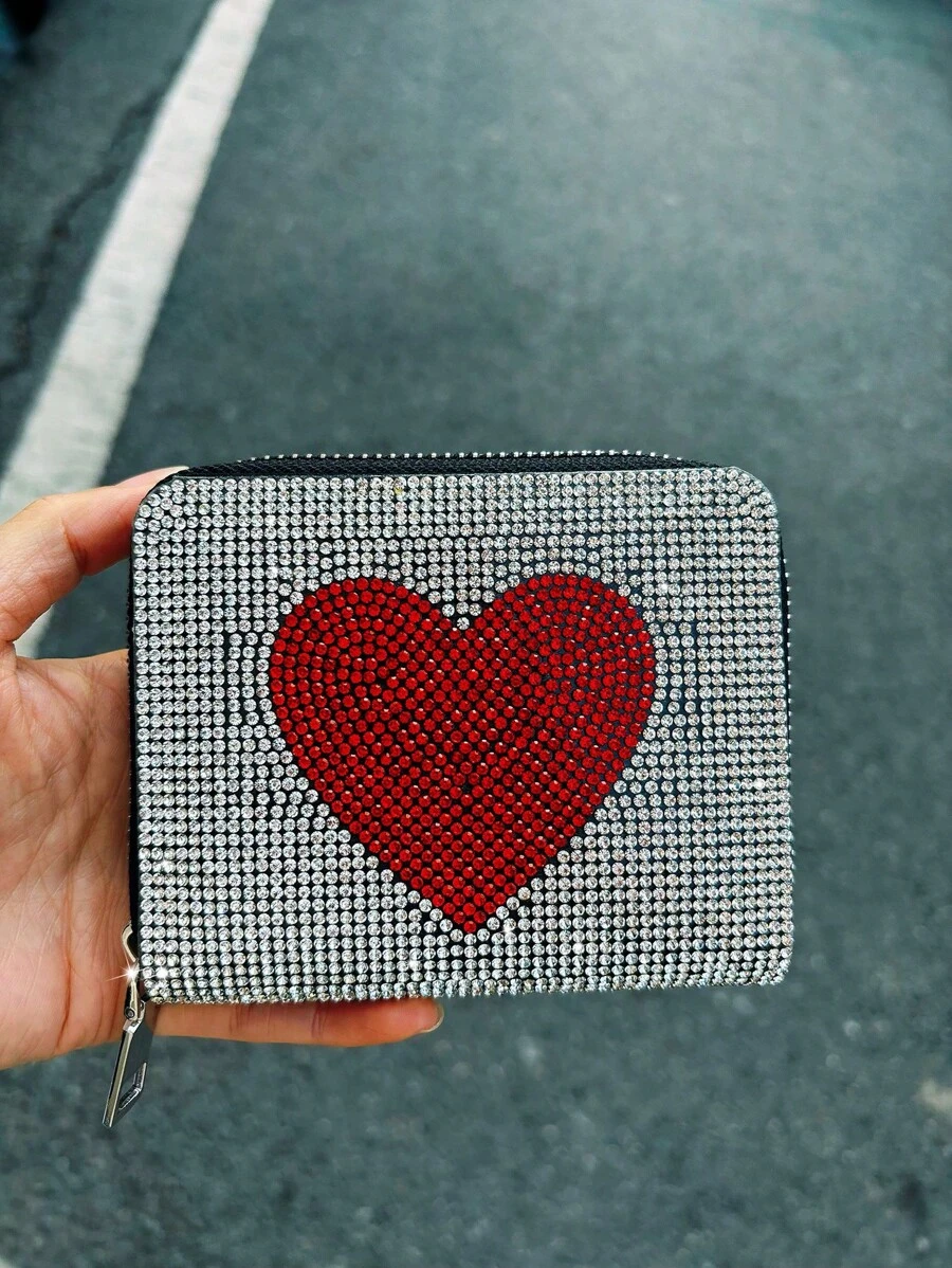 Large Heart Rhinestone PU Short Wallet Copper Zipper Card Holder Mini Pouch 2-In-1 Leather Clutch Purse Mini Wallet Birthday Valentine's Day Christmas Gift Wallet For Women Wallet Purse Wallet Fall Small Wallet Cute Wallet