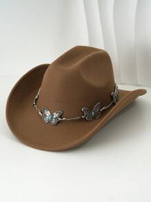 1pc Silvery Metal Butterfly Felt Cowgirl Hat, Fashionable , Suitable For Western-Style Outfits And Occasions Like Western Themed Events, Music Festivals