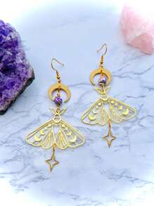 2 件波西米亚时尚铜天然石多色空心蛾、星星、月亮吊坠耳环，适合女性、日常和派对佩戴的礼物 - 彩色 - 查看 2