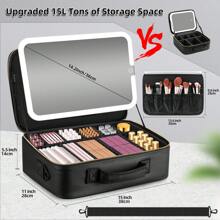 15''X11'' Large Makeup Bag With Removable Lighted Mirror, Professional Travel Makeup Train Case PU Leather Cosmetic Make Up Organizer With Adjustable Dividers & Brush Storage Board - màu đen - Xem 3