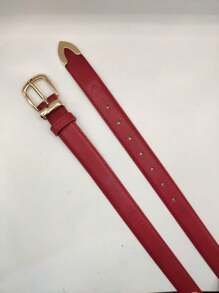 1 Piece 3cm Litchi Embossed Belt, Versatile Style, Metal Buckle For Everyday Use With Leather Lining - Dark Red - View 2