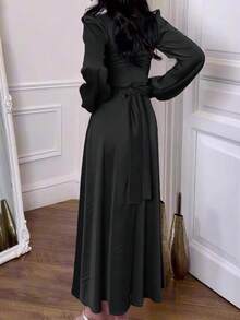 Robe de mariée maxi à lacets en satin, robe de soirée de mariage élégante pour femmes au printemps, fluide et affinante - Noir - Voir 2
