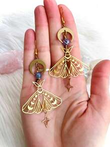 2 件波西米亚时尚铜天然石多色空心蛾、星星、月亮吊坠耳环，适合女性、日常和派对佩戴的礼物 - 彩色 - 查看 4