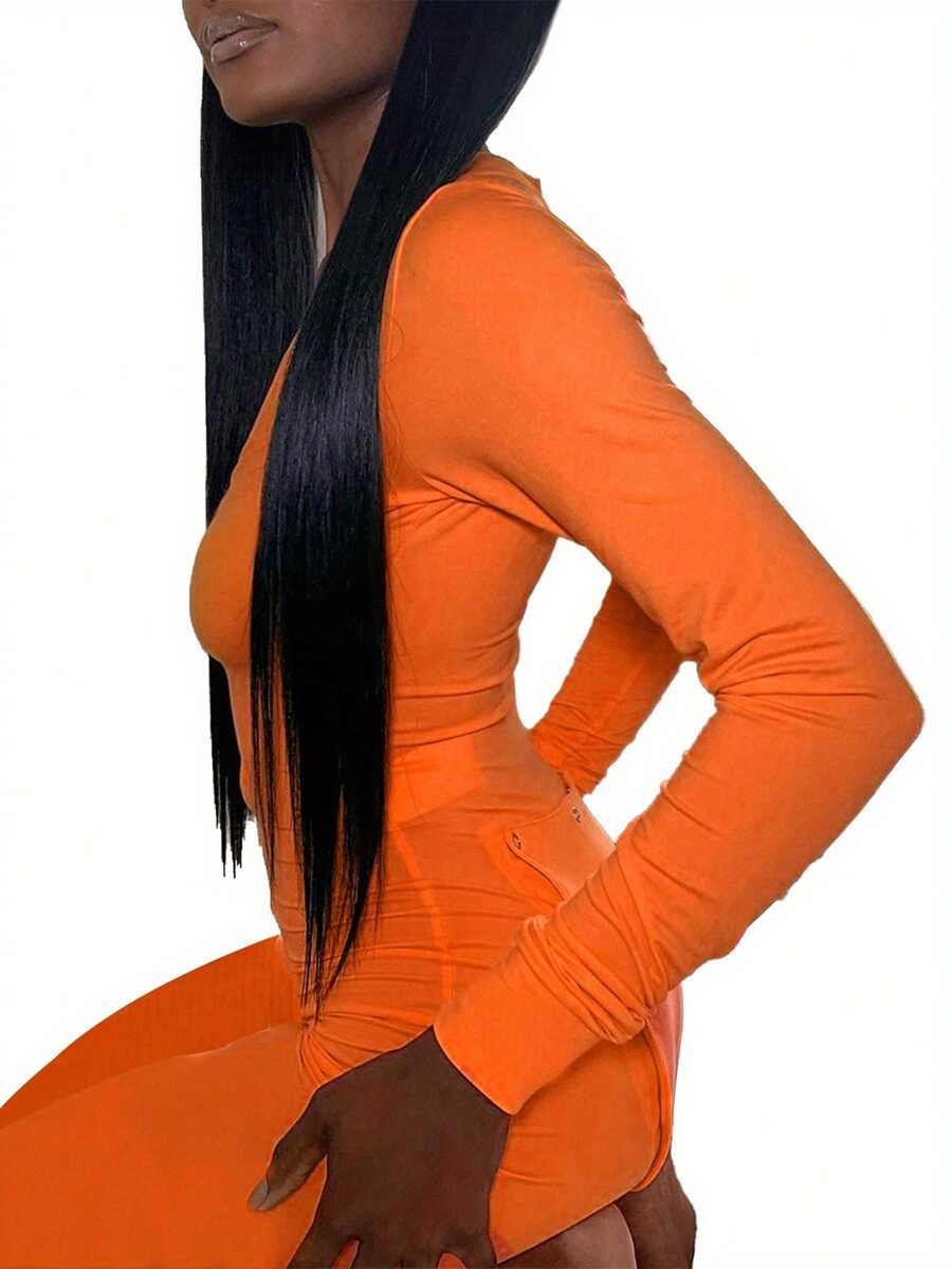 Women Deep V Neck Pajamas Jumpsuit, Solid Long Sleeve One Piece Romper Bodysuits - Orange - View 1