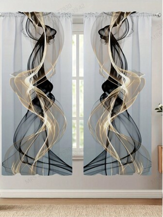 2 件装北欧奢华金箔抽象线条数码印花窗帘，半遮光半透明，室内外卧室、客厅装饰用