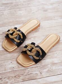 2023 Spring & Summer Women Square Toe Flat Pearl Embellished Transparent Slide Sandals - Black - View 6