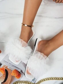 2025 New Flat Sandals, Mesh Fabric Decor, Soft & Comfortable Material, Indoor/Outdoor Multipurpose Slippers, Suitable For Party, Daily, Casual, Beach, Light And Comfortable, Fashionable And Versatile Flat Slide Sandals