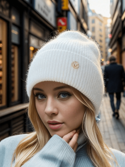 1pc Winter Women's Beanie Metal Tag Fashion Female Stretch Wool Knitted Hat Thick Warm Ear Protection Hood Cold Hats For Woman ,Soft Slouchy Warm Snug Snow Ski Running Unisex Adult Knit Hat